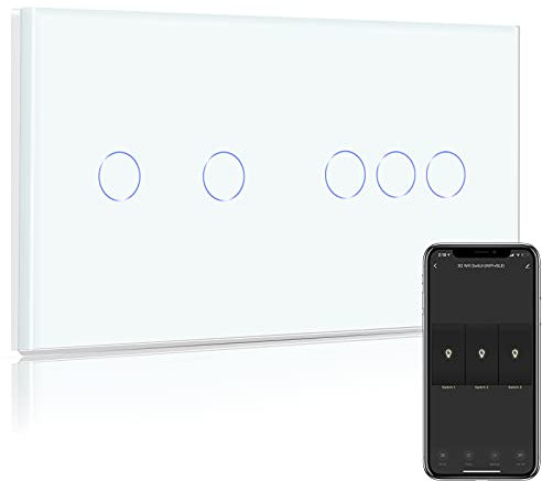 BSEED Interruptor de Pared WiFi,Interruptor Inteligente 2 Gang 1 Via+3 Gang 1 Via,Compatible con Alexa,Google Home,Control de App y Función de Temporizador,Pantalla Táctil Blanco【Se Necesita Neutro】