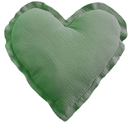 von Herzen Handmade Musselinkissen aus 100% Baumwolle Kuschelkissen I Dekokissen auf Musselin in Herzform I Herzkissen in 32 cm für Sofa & Bett I Handgenähtes Kissen mit Watte gefüllt I Salbei