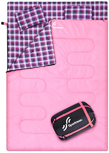 Schlafsack Winter Winterschlafsack Outdoor: Sportneer Schlafsäcke 2 Personen Doppelschlafsack 220x150cm, 2.75kg mit 2 Kissen, Vier Doppel Zippern, Erwachsene Deckenschlafsack für Familie, Rosa