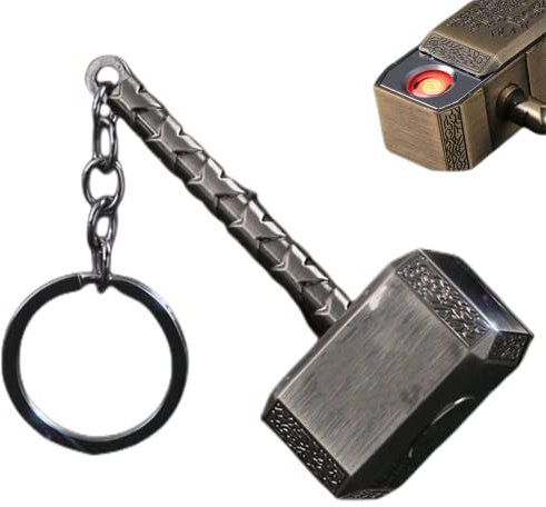SIMBAE Cool Metal Hammer Lighter,Keychain Mini Vintage Texture Rechargeable USB Electronic Lighter,Windproof Touch Double-Sided Ignition,Suitable for Man (Bright Color)