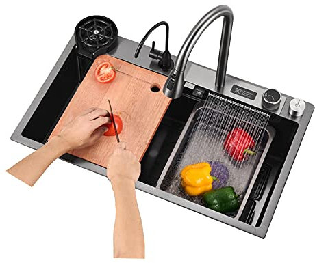 Fregaderos Negro Modernos para Cocina 1 Seno Kitchen Sink Fregadero de Cascada Volante Doméstico, Verduras Cuenco Individual con grifo extraíble, tabla de cortar, lavavasos, 3 tamaños, 5 colores ( Siz