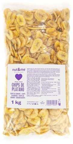 Chips de plátano dulces 1KG nut&me | Vegetariano | Sin lactosa | Sin gluten | Vegano | Bajo contenido en sal | Pack 1 X 1 kg