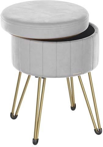 SONGMICS Storage Ottoman, Velvet Dressing Table Stool, 39 x 44.4 cm (Dia. x H), Round Storage Stool Seat, 4 Metal Legs, for Dressing Room, Living Room, Bedroom, Dove Grey LOM003G52