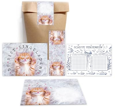 Minkocards 12 Einladungskarten zum Kindergeburtstag Mädchen Katze Einladungen zum Mädchengeburtstag incl. 12 Umschläge, 12 Partytüten/natur, 12 Aufkleber, 12 Lesezeichen, 12 Schiffe versenken