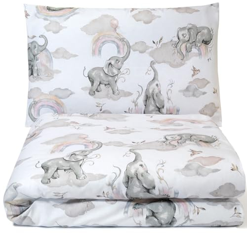Balbina Baby Kinderbettwäsche Set Boho Grau Beige Deckenbezug 100 x 135 cm Kissenbezug 40 x 60 2tlg. 100% Baumwolle mit Reißverschluss (Elefant mit Regenbogen)
