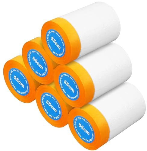 6 Rollen Abdeckfolie Maler, Abklebeband Maler mit Gewebeklebeband, Transparent Abdeckband Maler, Abdeckfolie Stark zum Staubschutz, Schutz von Wand (55CM*20M)