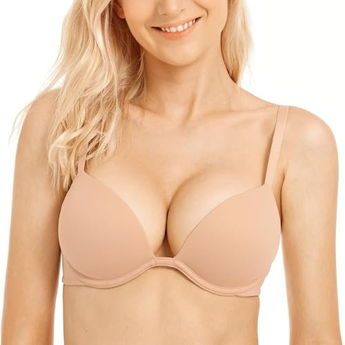 WingsLove Push Up Bra Sexy Deep V Plunge Add 2 Cups Bras Underwire T-Shirt Bra Multiway (Pink Nude,36A)