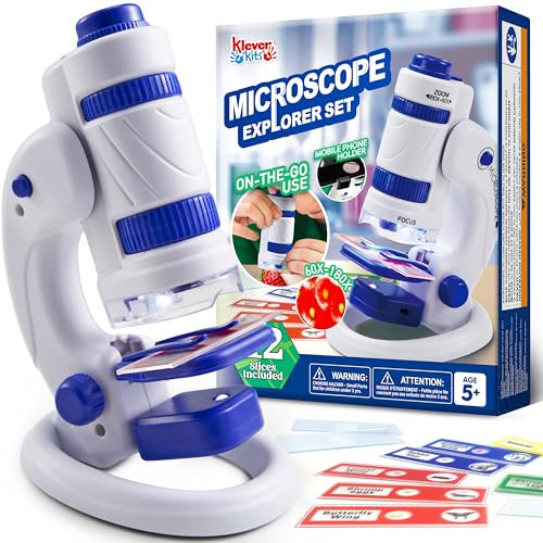 Klever Kits Microscope for Kids, 2 in 1 Portable with LED Light, Mini Plastic Microscope with 12 Specimen Slides, 60X-180X Magnification