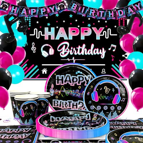 Music Deko Party Geburtstag Zubehör, 155 Pcs Music Party Deko & Geschirr Set - Music Luftballons Hintergrund Banner & Music Party Servietten Teller Pappbecher etc Music Thema Party Dekoration