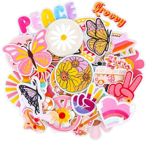36PCS Girls Iron on Patches for Clothing, Embroidered Applique Patches, Vintage Groovy Sew on Patches, Hippie Iron on Repair Patches DIY Craft Accessories for Clothes Jeans Dress Bag(Colorful)