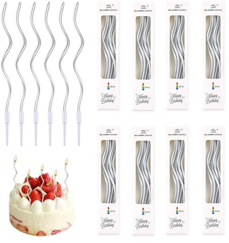 48 Stück Gebogen Geburtstag Kerzen, Spiral Kuchen Silber Metallisch Goldene Dünn und Lange Geburtstagskerzen mit Halter für Kuchen und Cupcakes, Ideal für Geburtstag und Hochzeitsparty Dekoration
