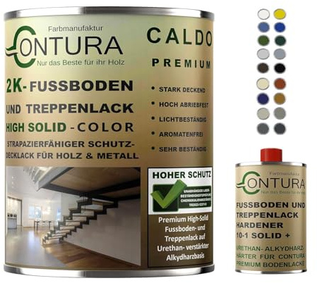 Contura 2K Fussbodenlack Treppenlack Farbe Buntlack Seidenmatt Dielenlack Parkettlack (9005 Schwarz, 1,10Liter (1L+100ml Härter))