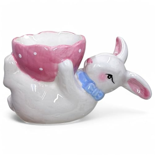 MIJOMA Eierbecher Hase – Handbemalt & Lasiert, Osterdeko aus Porzellan, 12x6x7 cm, Süßes Ostern-Accessoire für Frühstückstisch & Frühling (Rosa)