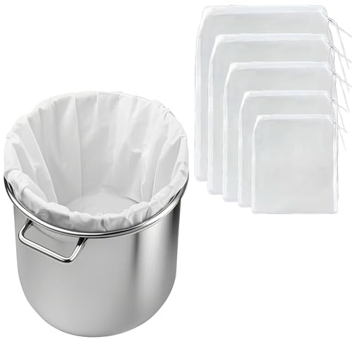 Sacchetto Filtro Nylon 120 Micron Sacchetto Filtrante Latte Vegetale 5 PCS Diverse Dimensioni Panno Filtrante a Maglia Fine Tessuto Filtrante in Nylon Riutilizzabile con Coulisse per Vino Birra