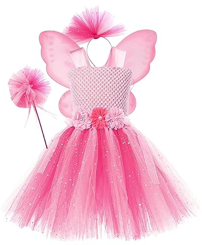 Generisch Tue Tue Kinder Kleinkind Halloween Custome Mädchen Prinzessin Kleid Tutu Mesh Kleid Mit Flügel Fee Zauberstab Kopfbedeckung 4 stücke Sets Leistung Baby Mädchen 80 (6-7 Years)