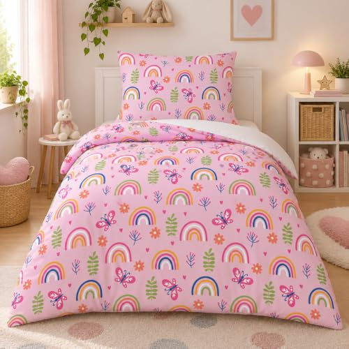 DJDEA Bettwäsche Kinder 135x200 Mädchen Weich Mikrofaser, Regenbogen Motiv Kinderbettwäsche mit Reißverschluss, Bettbezug und 1 Kissenbezug 80X80cm Geschenk für Mädchen