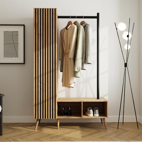 GFW Rowan Wardrobe with Shelves & Hanging Rail, Oak Effect Storage Cabinet with Slatted Detailing & Reversible Layout
