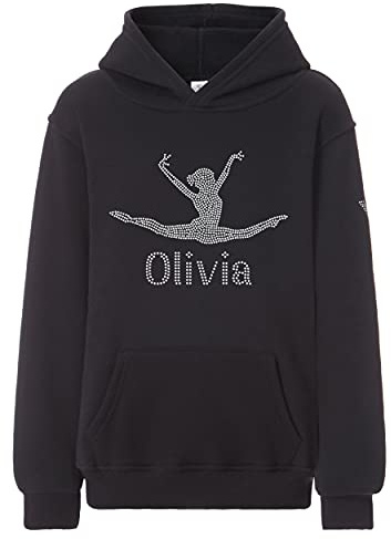 Personalised Girls Gymnastics Hoodie Crystallized Dance Hoody | Custom name leotard design, sparkly rhinestone top, kids activewear, dancer training clothing and gymnastics gift