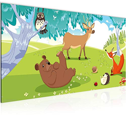 Runa Art Wandbild Kinderzimmer Wald 1 Teilig 100 x 40 cm Modern Bild auf Vlies Leinwand Waldtiere Babyzimmer Spielzimmer Grün 001812c