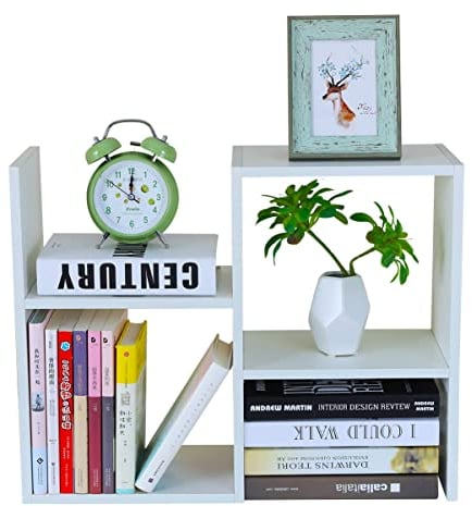 PAG Adjustable Wood Desktop Bookshelf,Small Desk Shelves Freestanding Home and Office Supplies Storage,Display Shelf Desk Tidy Organiser,White