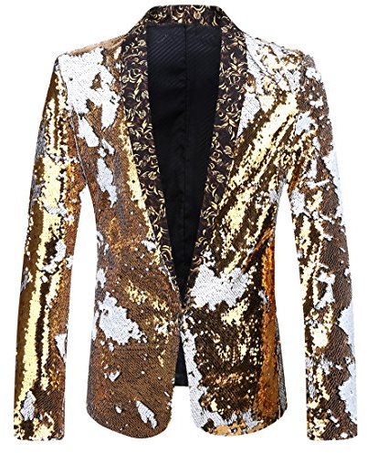 PYJTRL Herren-Blazer mit 2 Farben und glänzenden Pailletten (L, Gold + Weiß)