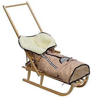 Holzschlitten für Kinder mit Rückenlehne Rodelschlitten Davoser Schlitten aus Holz mit einem Sicherheitsgurt Rückenlehne Pusher Winterfußsack