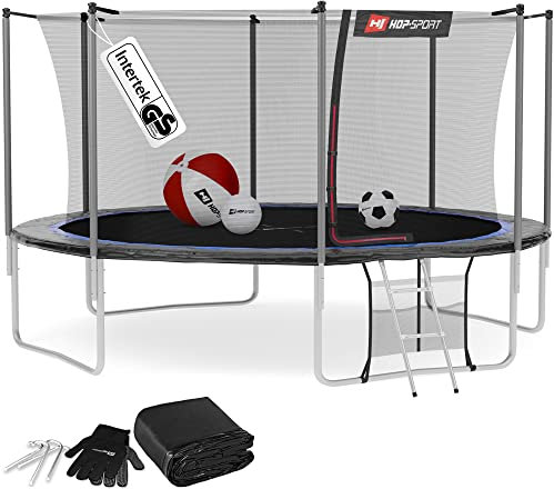 Hop-Sport Trampolin Outdoor Ø 430 cm – Gartentrampolin Komplettset mit stabilen U-Beinen, innenliegendem Netz, Sprungtuch und Leiter sowie Extra-Zubehör, schwarz/blau