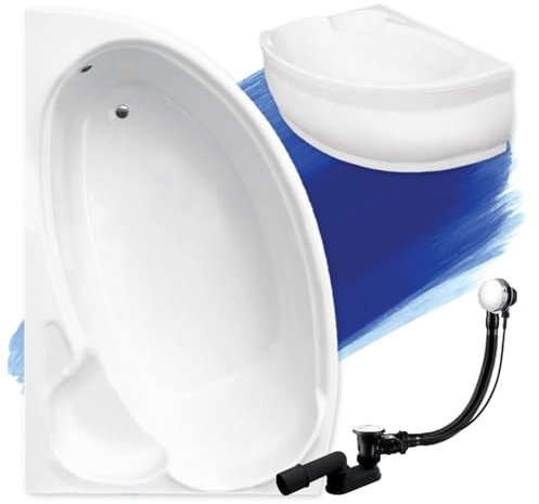 BADLAND Badewanne Original Weiß Acryl Wanne Eckbadewanne FINEZJA 140x95 Links KOMPLETTSET SET mit Weiß Acrylschürze + Füßen und Exklusive Chrom Automatik Ablaufgarnitur Made in EU 4in1