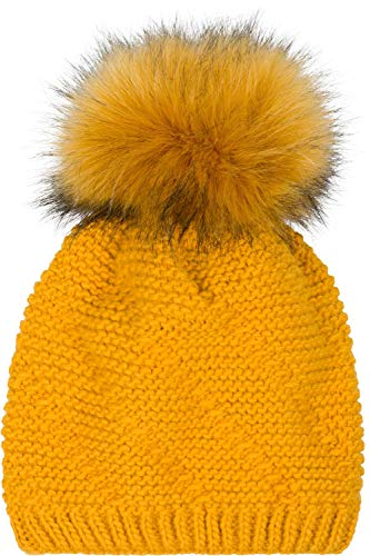 styleBREAKER Unisex Einfarbige Strick Bommelmütze fein gestrickt mit Fleece Futter, Winter Fellbommel Mütze 04024175, Farbe:Curry