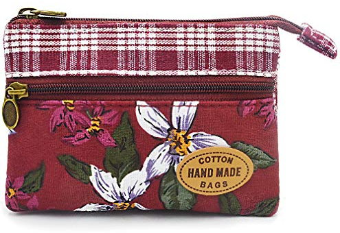GUXL Kleine Geldbörse mit Reißverschluss für Damen – Handgefertigte Stoff-Blumenstickerei Kleingeldbörse – Baumwolle Doppelreißverschluss Geldbörse, Rot/Ausflug, einfarbig (Getaway Solids), 3.5x4.8,