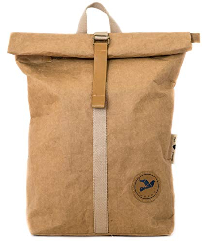 PAPERO® Rucksack aus Kraft Papier COUGAR- wasserfest & robust, kleiner Daypack für Damen & Herren - Rolltop Tasche & veganem Leder - für Alltag & Uni für mit Laptopfach | nachhaltig (13L, hellbraun)