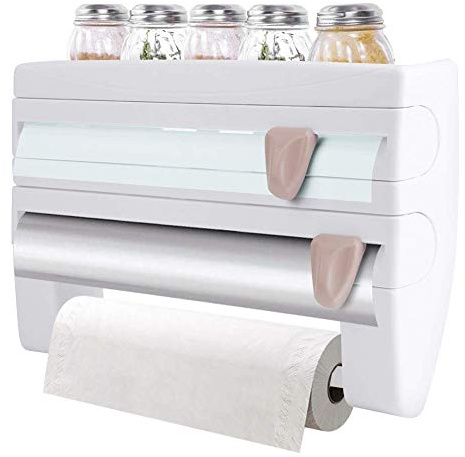 Küchenrollenhalter Wandmontage für 3 Rollen mit Klinge Weiß | Gewürzregal, Scharfer Klingenschneider, für Küche, Kompatibel mit Papierrollen, Wandmontage, Weiße Ausführung