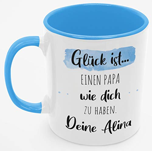 Personalisierte Kaffee-Tasse (Glück ist...) mit eigenen Wunschname. Für die Beste Freundin, Opa, Oma, Mama, Papa. Schönes Geschenk oder kleine Aufmerksamkeit | Muttertag (Bester Papa #2, Blau/Blau)