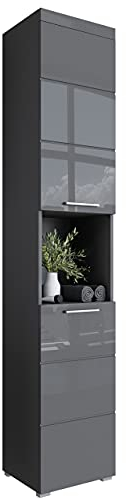 Newroom Badezimmerschrank Hochschrank Grau Hochglanz mit viel Stauraum - 37x190x31 cm (BxHxT) - Bad Schrank Badezimmer Badezimmermöbel - [Trinity.Nine]