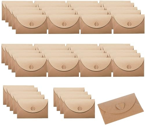 50 Stück Kraftpapier Umschläge, Vintage Umschläge mit Blanko Kraftpapier, Herz Briefumschläge, Mini Umschla, Verwendet für Postkarten, Geschenkkarten(Braun)