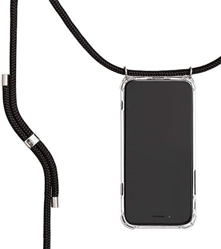 KNOK Premium Handykette für Apple iPhone 13 Pro, Schwarz/Silber, stoßfest | Silikonhülle mit fest verbundener Kordel zum Umhängen, transparent, ideal für Festival, Konzert oder Alltag, robust