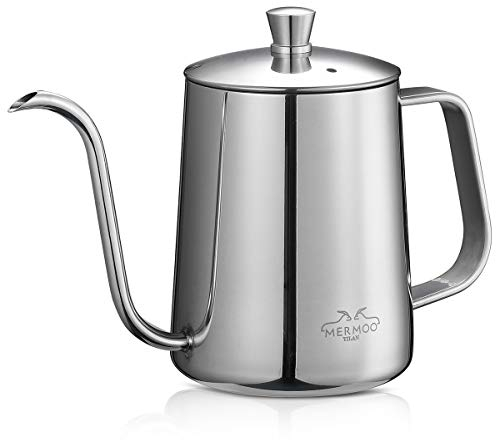 MERMOO YILAN Kaffeekessel 600ML Kaffeekanne Schwanenhals-Ausguss Kaffee-Tropfkessel aus Edelstahl Perfekt für die Verwendung von Kaffeefiltern & Tee-Zubereitung (Silber)