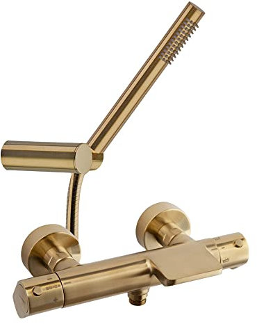 Ramon Soler - Grifo Termostático Baño-Ducha Oro Cepillado, Caño Cascada, Accesorios Alexia, Diseño Moderno, Control Preciso de Temperatura, Instalación Fácil