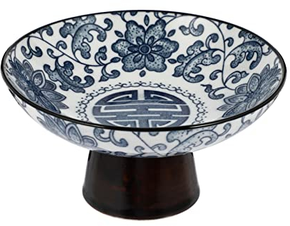 Ceramic Fruit Bowl with Base- Round Japanese Snack Fruit Serving Plate- Kitchen Decorative Retro Porcelain Dessert Plates for Home Party Dried Fruit Bread Snack (Blue and White)