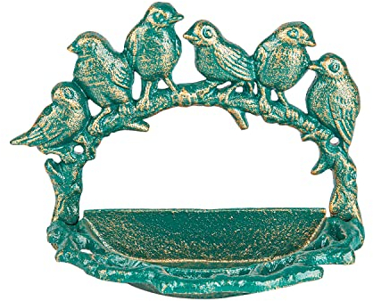 Sungmor Cast Iron Wall Mounted Bird Feeder, Cute Bird Decor Small Water Bath, Wall Hanging Fence Mount Bird Bath Feeder, Beautiful Green Birdfeeder for Garden Backyard Patio Wall Decoration