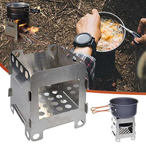 RéChaud à Charbon De Bois - RéChaud De Cuisson Portable En Acier Inoxydable De Style Carte Pliable Avec Plateau à Alcool En Acier Inoxydable Pour Le Camping, La RandonnéE