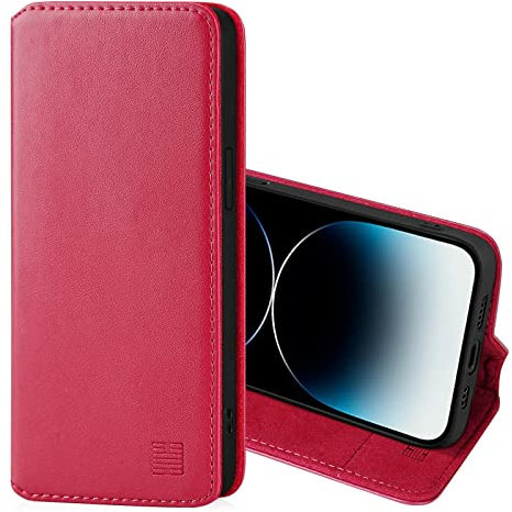 32nd Classic Series 2.0 - Real Leather Book Wallet Flip Case Cover For Apple iPhone 14 Pro (6.1), Real Leather Design With Card Slot, Magnetic Closure and Built In Stand - Rose Pink