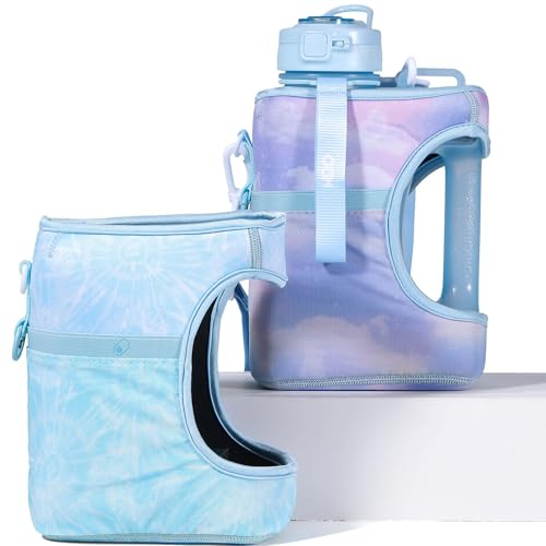 H2O Capsule Half Gallon Cube Square Water Bottle - 2.2L Water Bottle with Strap, Storage Sleeve, Covered Straw and Chug Lid – BPA Free Reusable Sports Water Jug with Handle, (68 Ounce), (Blue Sky)