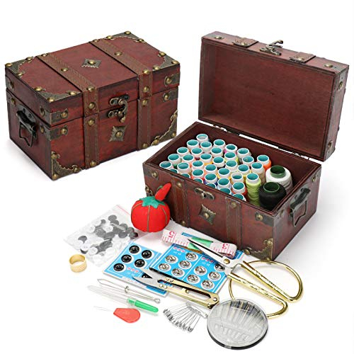 Joyeee Holz Nähset - Premium Nähanzugbox mit kompletten Nähzubehör für Ausbessern von Kleidung, DIY Hobby Haushalt Nähwerkzeuge für Oma Mutter Mädchen Anfänger, Tragbare für Reise und Notfall#5