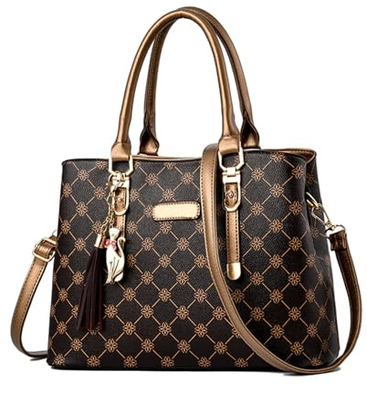 NICOLE & DORIS Damen Handtasche Elegante Schultertaschen Bedruckte Handtaschen PU Leder Frauen Umhängetasche Shopper Tote Mittelgross Tasche Henkeltasche mit Anhänger Braun