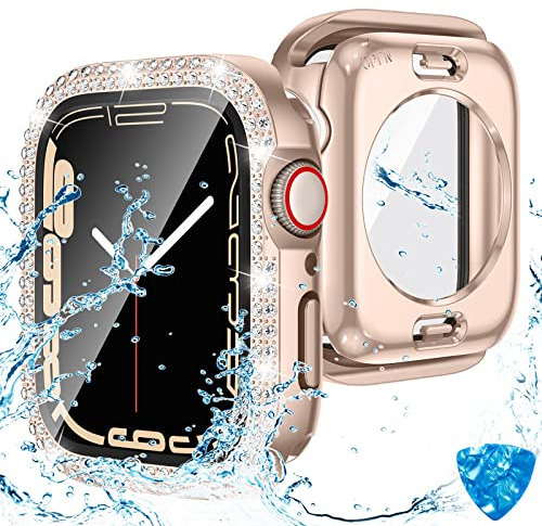 Kamita Impermeabile Cover Per Apple Watch Series 9/Series 8/Series 7 41mm con 9H in Vetro Temperato,Diamantato PC Bumper Bling Custodia,360 Protettiva Completa Case Per iWatch7/8/9(Oro rosa)