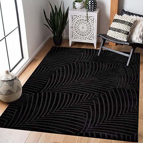 carpet city Teppich Wohnzimmer 160x230 cm - Schwarz, Anthrazit - Kurzflor, 3D-Effekt, Glanzgarn - Geo-Muster, Floral - Moderne Teppiche Schlafzimmer, Flur, Esszimmer