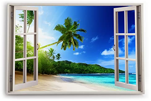 Bilder Fensterblick 120x80cm Palmen Strand Meer Karibik Paradies Himmel Blau Kunstdruck Wanddeko Wand Wohnzimmer