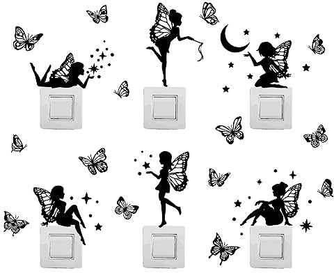 SUPERDANT Noir Papillon Fées Stickers Muraux Elfes Étoiles Lune Interrupteur Décor Autocollant Peel and Stick Amovible Coloré Autocollants pour Interrupteurs Décoratifs
