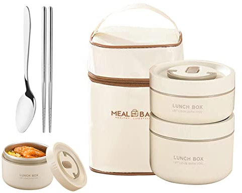 Tragbares Lebensmittel isoliertes Lunch-Behälter,Edelstahl Lunchbox mikrowellengeeignet mit Tasche,Isolierbehälter Thermo Lunchbox Auslaufsicher Warmhaltebox mit Löffel für Schule Büro (2 Schichten)